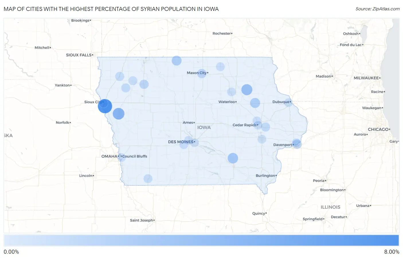 Cities with the Highest Percentage of Syrian Population in Iowa Map