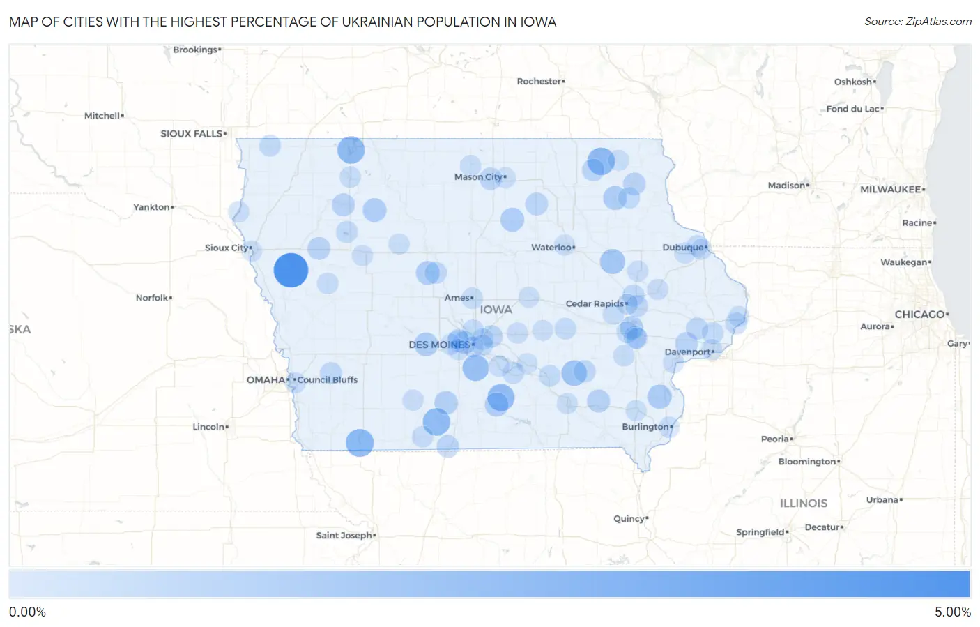 Cities with the Highest Percentage of Ukrainian Population in Iowa Map