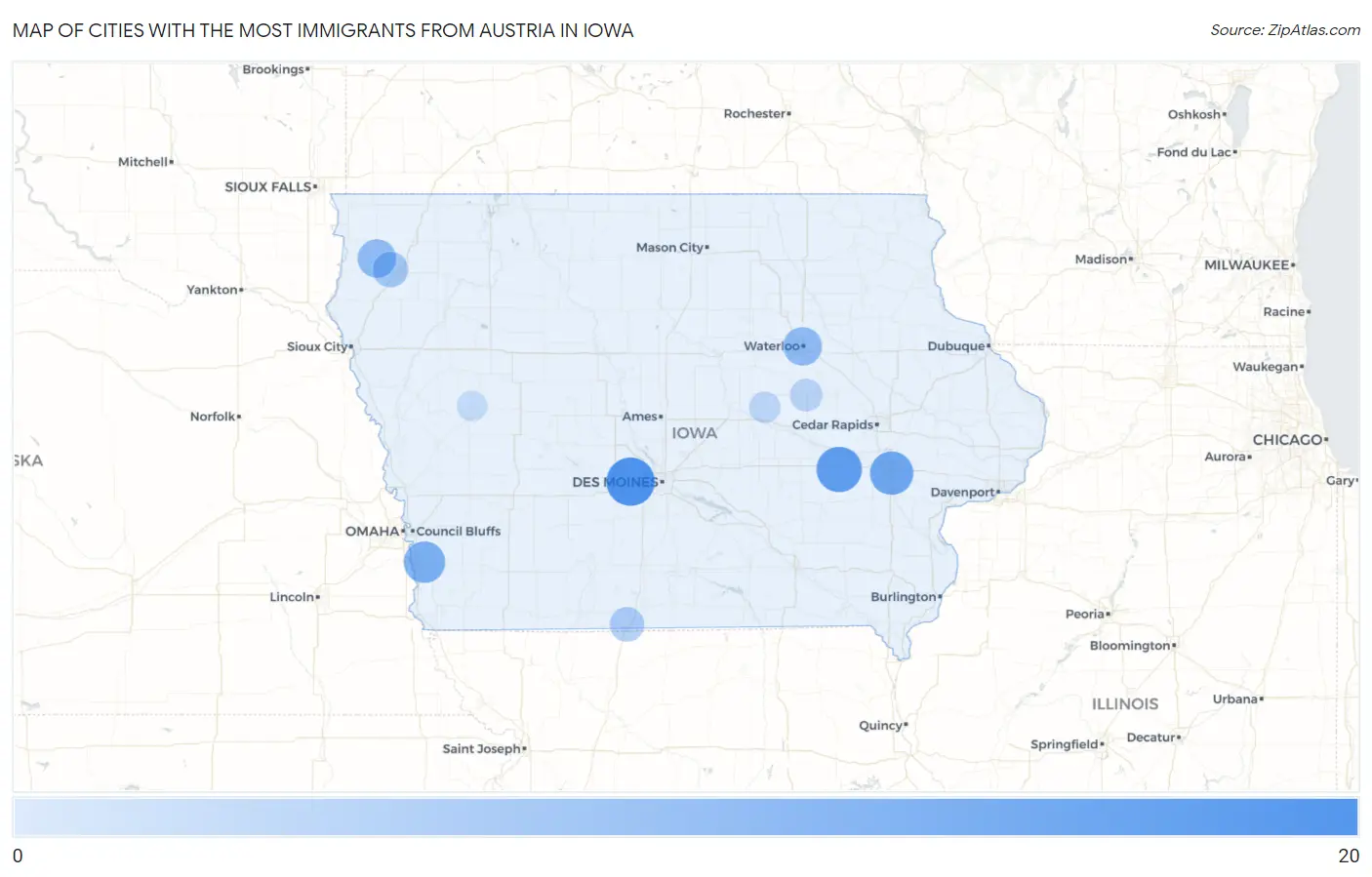 Cities with the Most Immigrants from Austria in Iowa Map