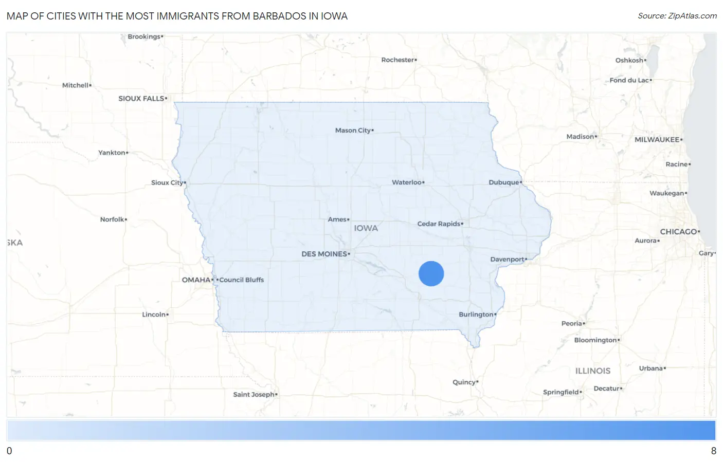 Cities with the Most Immigrants from Barbados in Iowa Map
