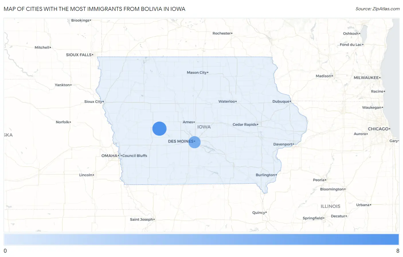 Cities with the Most Immigrants from Bolivia in Iowa Map