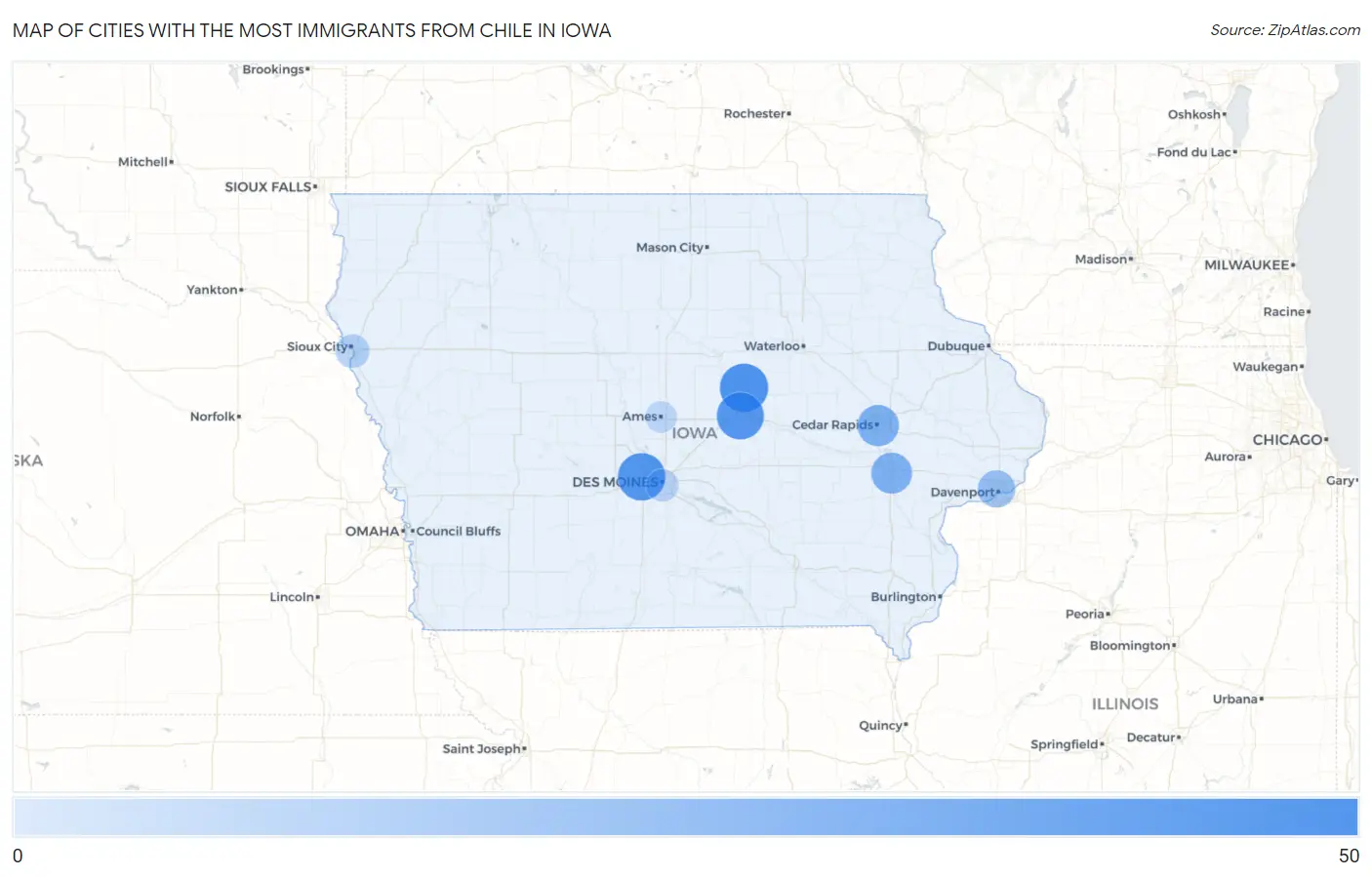 Cities with the Most Immigrants from Chile in Iowa Map