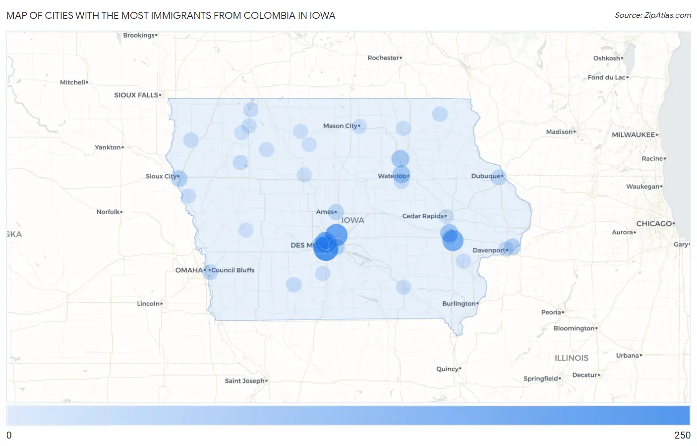 Cities with the Most Immigrants from Colombia in Iowa Map