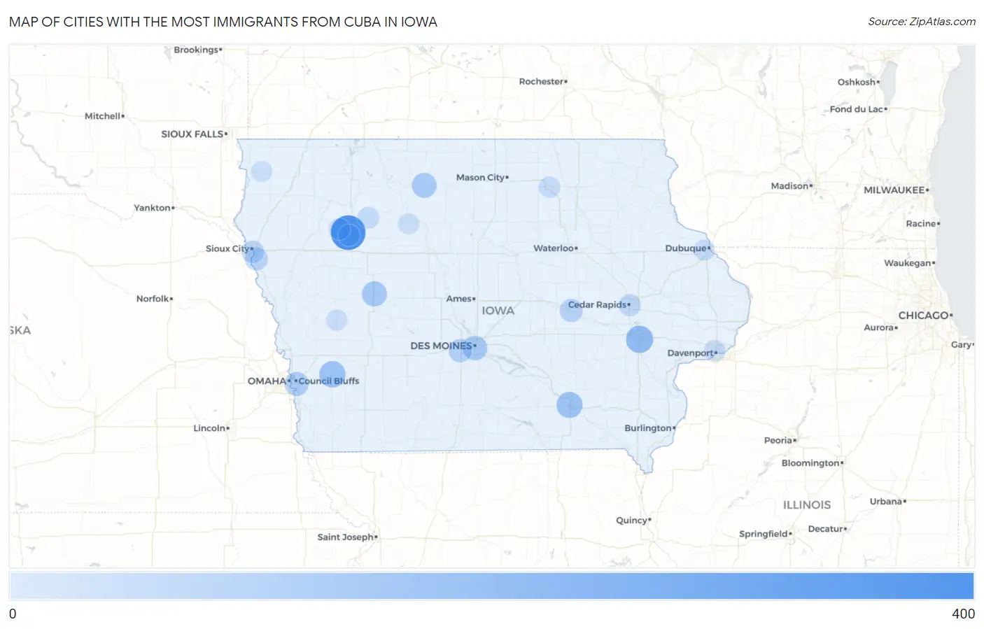Cities with the Most Immigrants from Cuba in Iowa Map