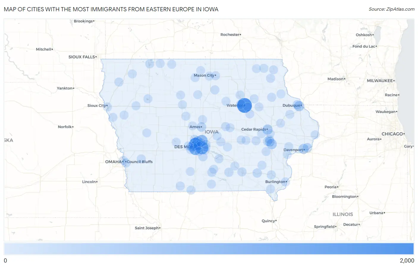 Cities with the Most Immigrants from Eastern Europe in Iowa Map