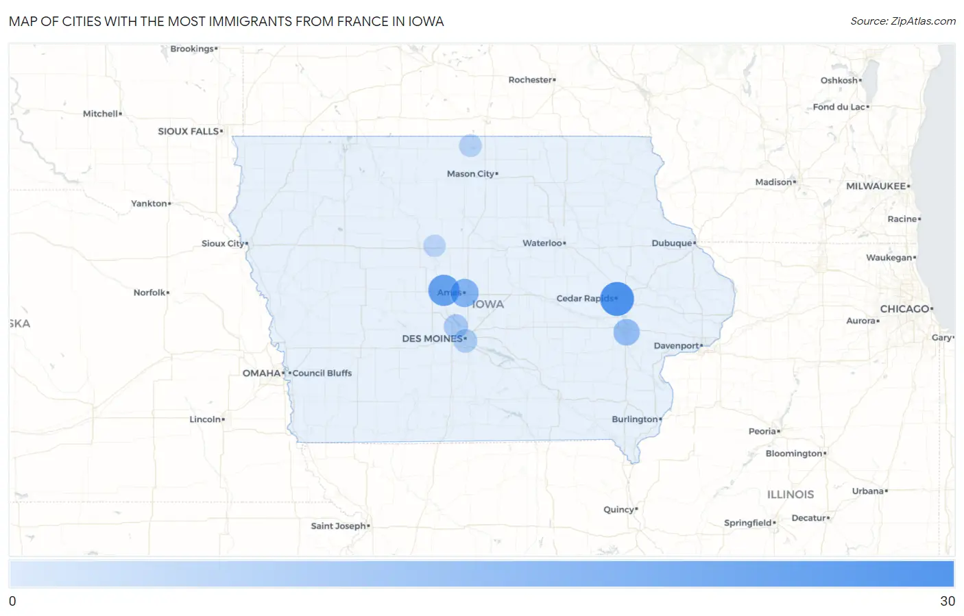 Cities with the Most Immigrants from France in Iowa Map