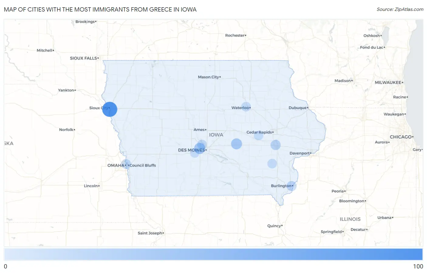 Cities with the Most Immigrants from Greece in Iowa Map