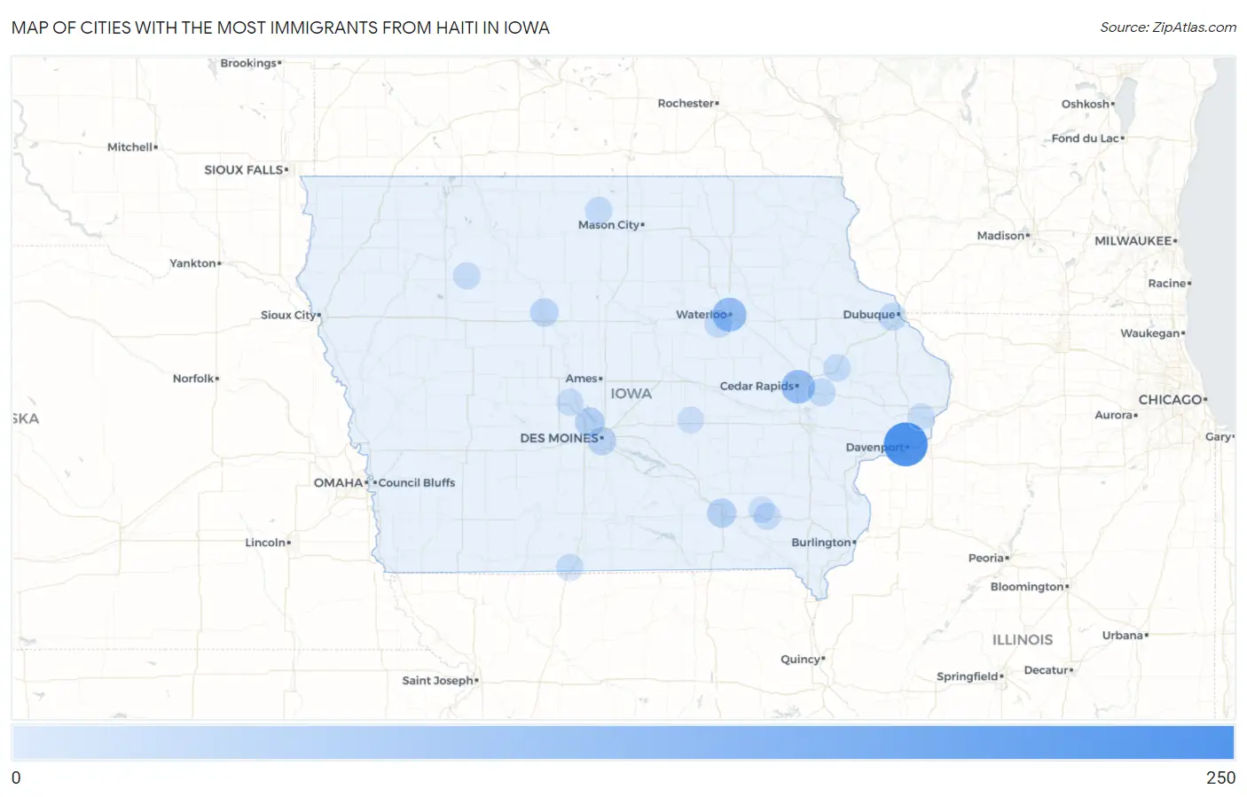 Cities with the Most Immigrants from Haiti in Iowa Map