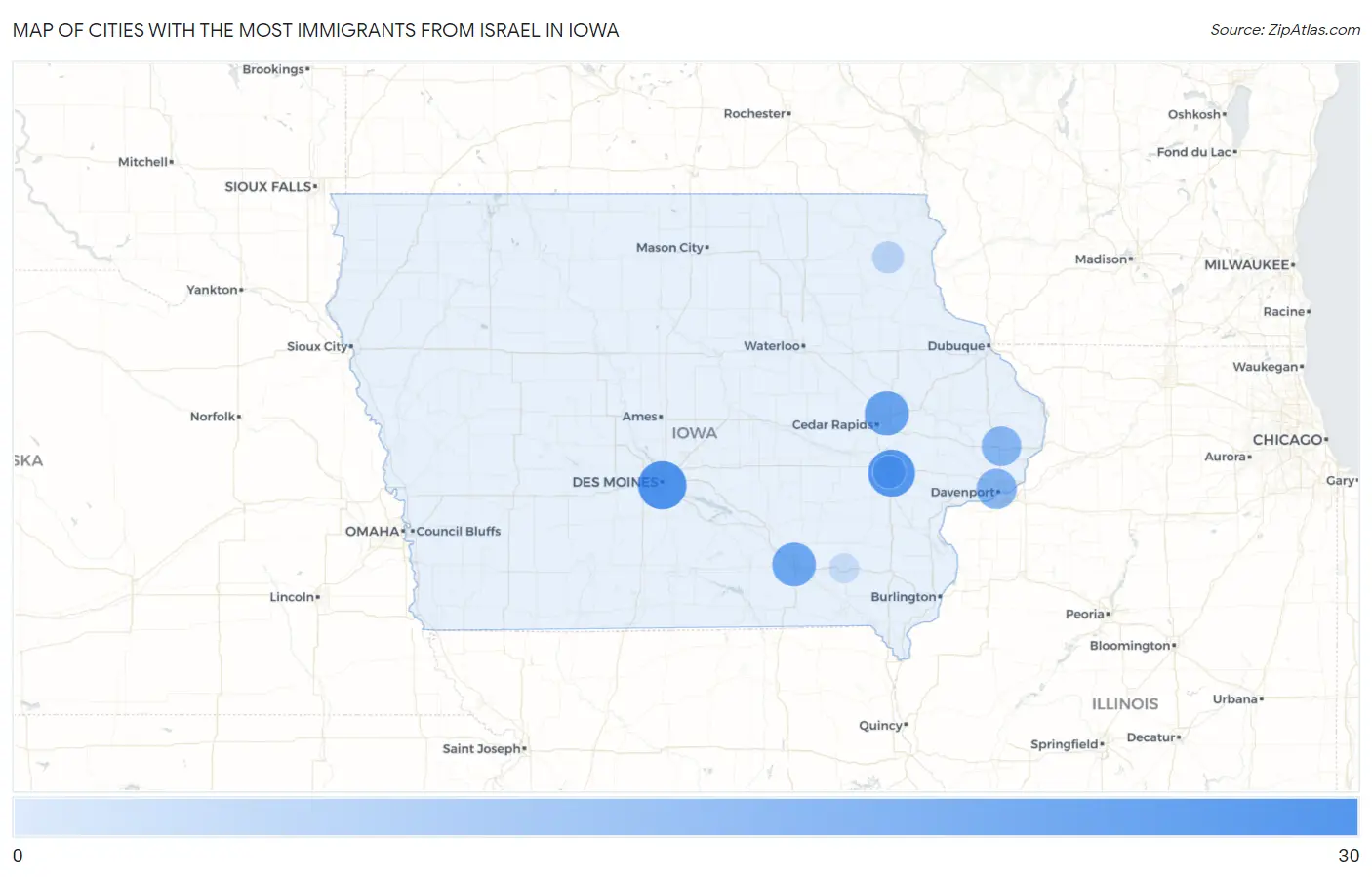 Cities with the Most Immigrants from Israel in Iowa Map
