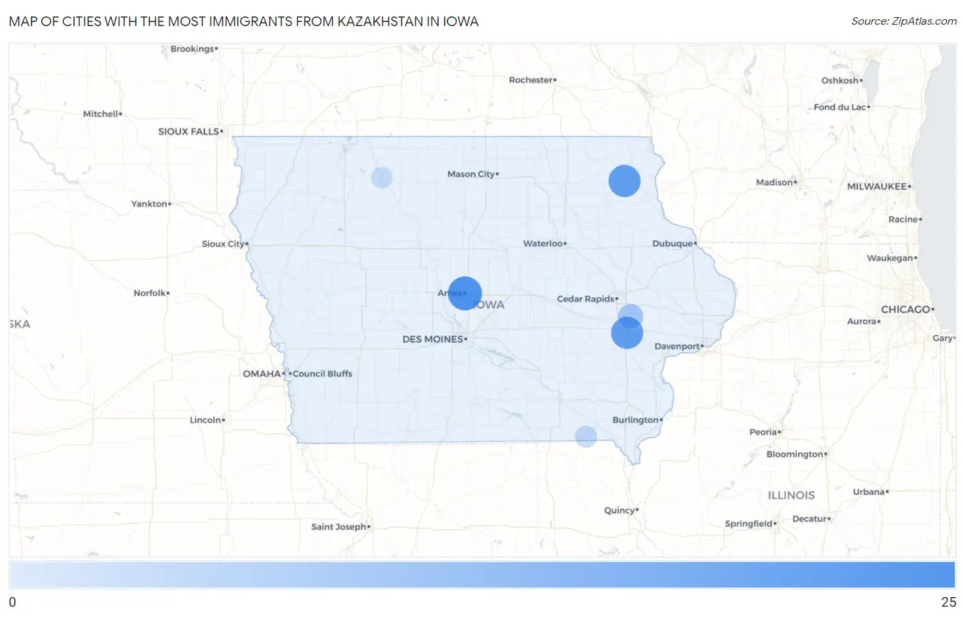 Cities with the Most Immigrants from Kazakhstan in Iowa Map