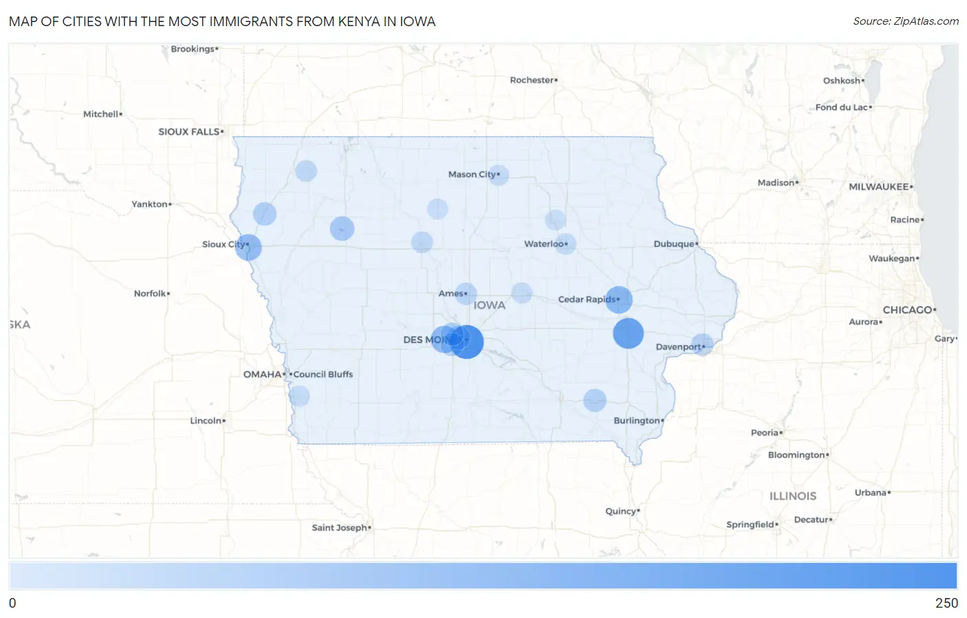 Cities with the Most Immigrants from Kenya in Iowa Map