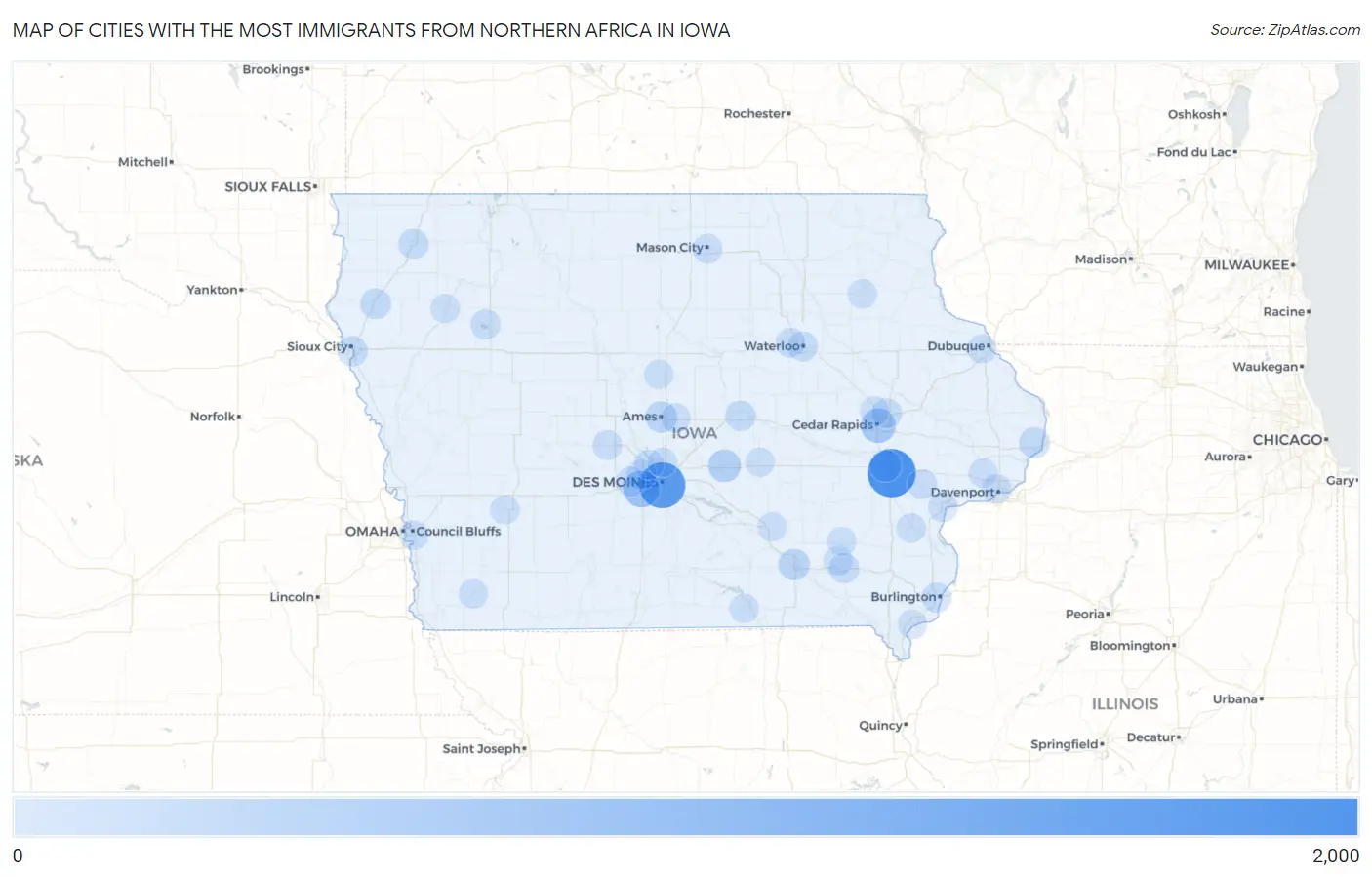 Cities with the Most Immigrants from Northern Africa in Iowa Map