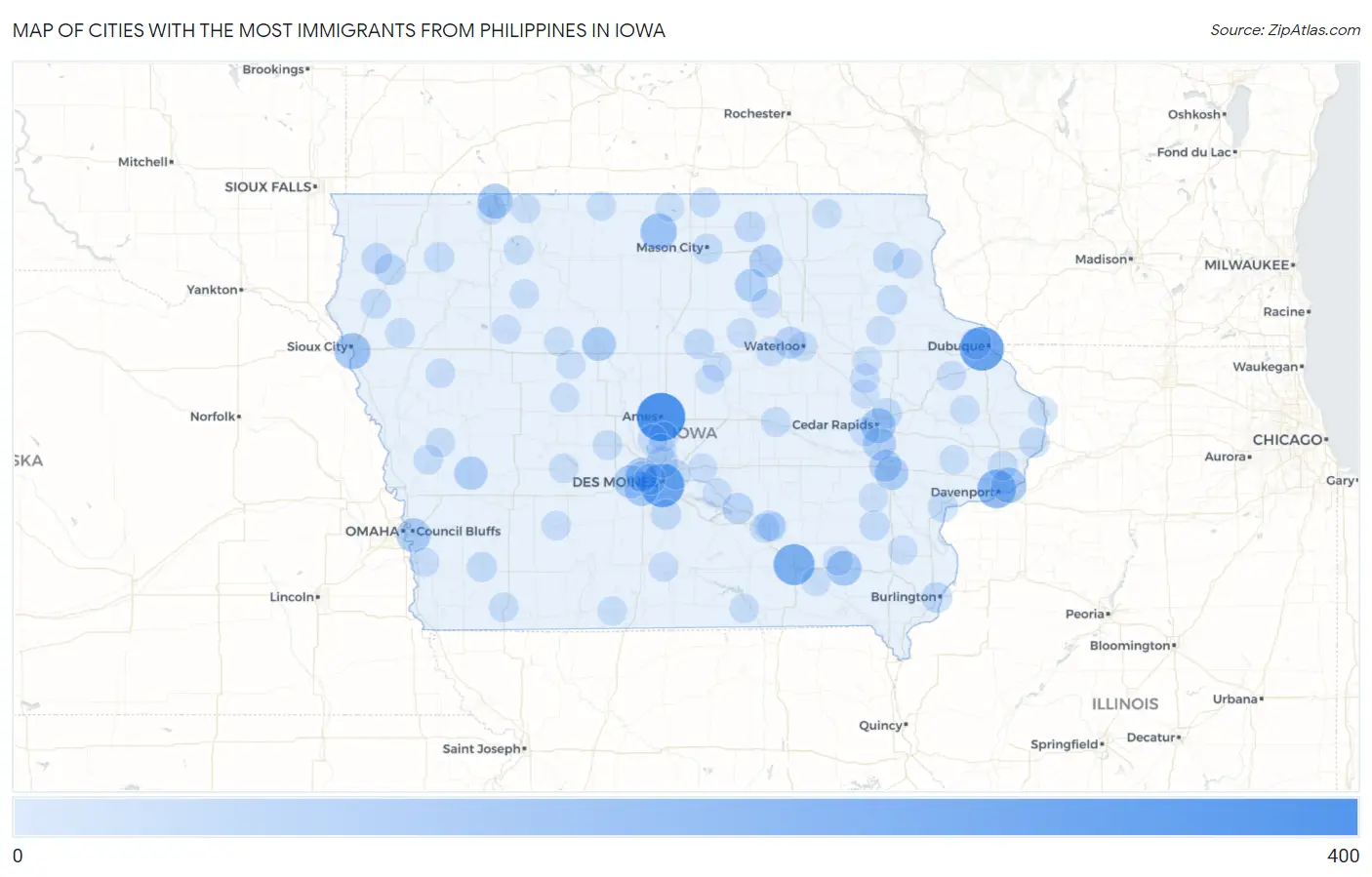 Cities with the Most Immigrants from Philippines in Iowa Map