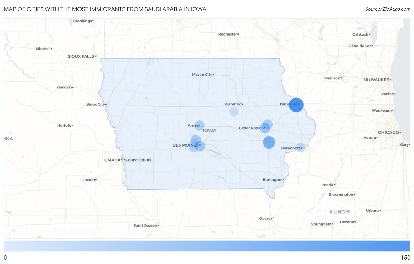 Cities with the Most Immigrants from Saudi Arabia in Iowa Map