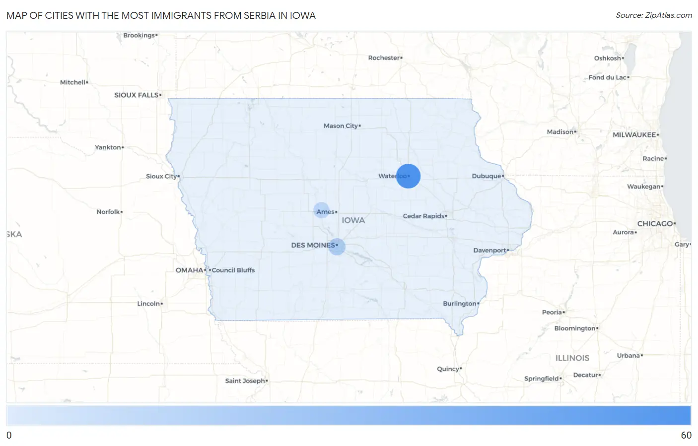 Cities with the Most Immigrants from Serbia in Iowa Map
