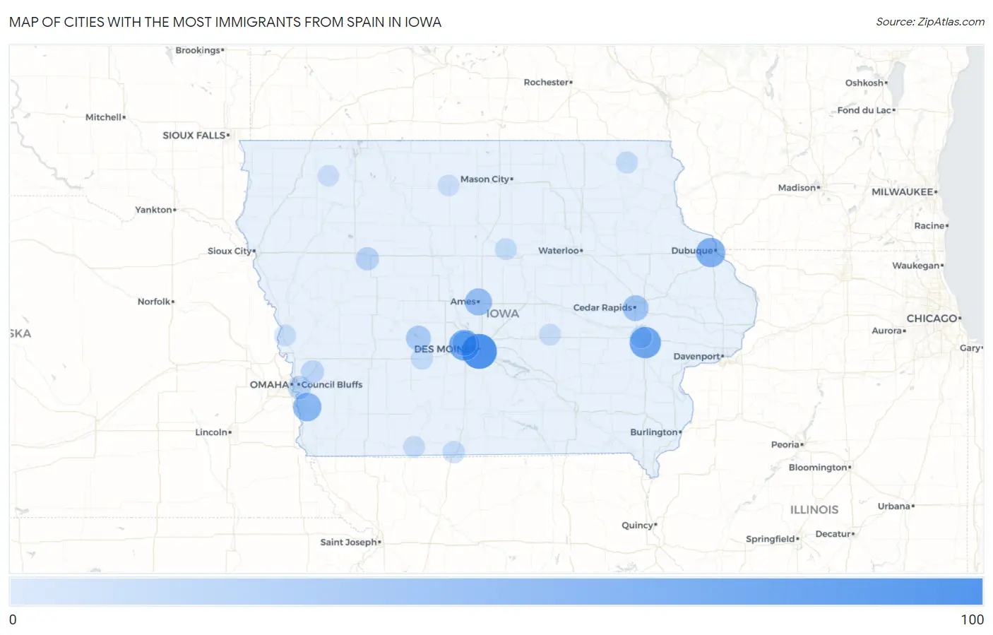 Cities with the Most Immigrants from Spain in Iowa Map