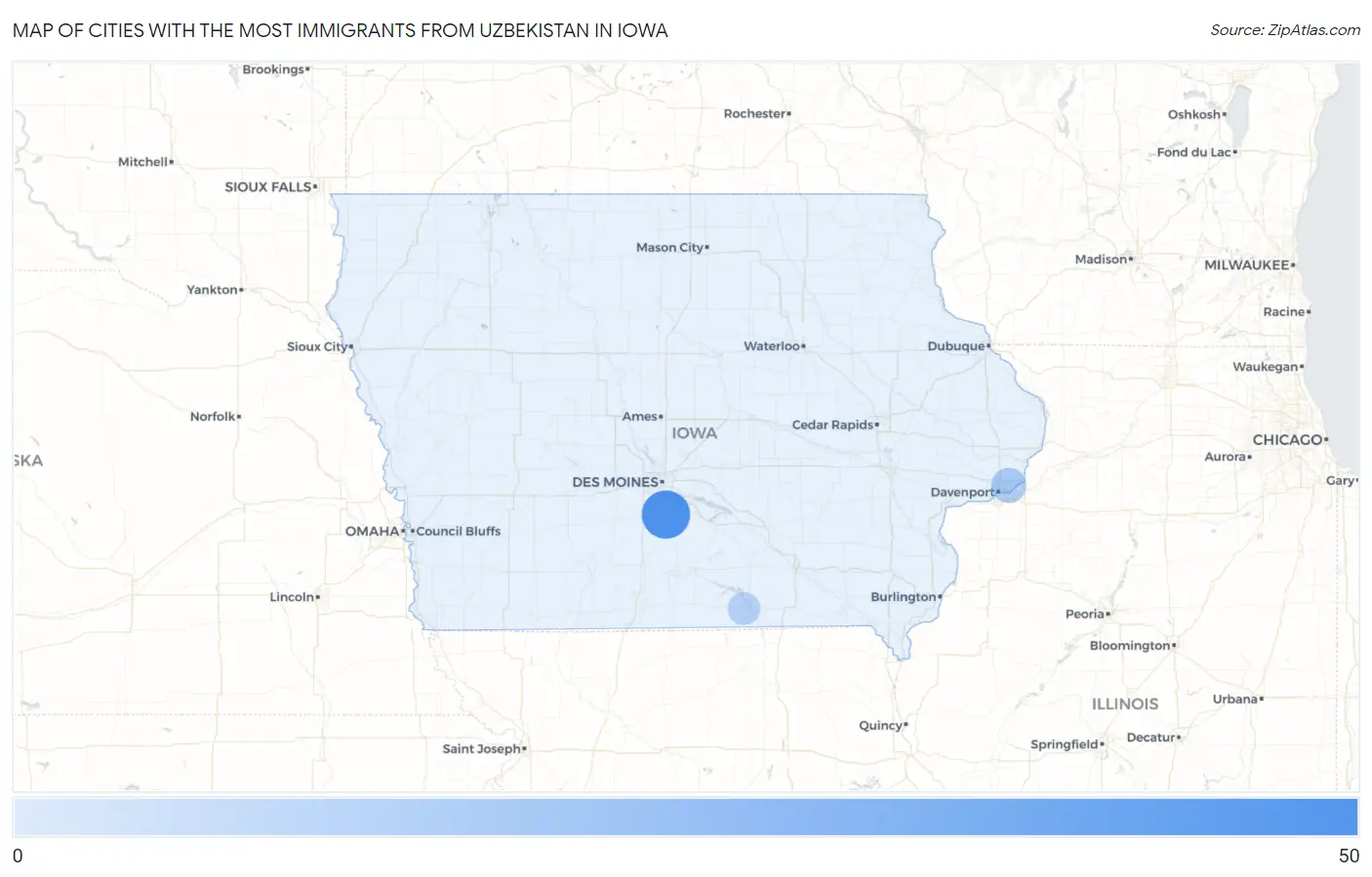 Cities with the Most Immigrants from Uzbekistan in Iowa Map