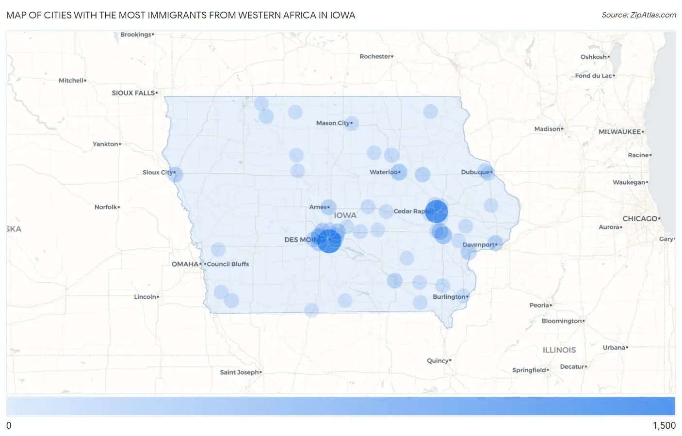 Cities with the Most Immigrants from Western Africa in Iowa Map