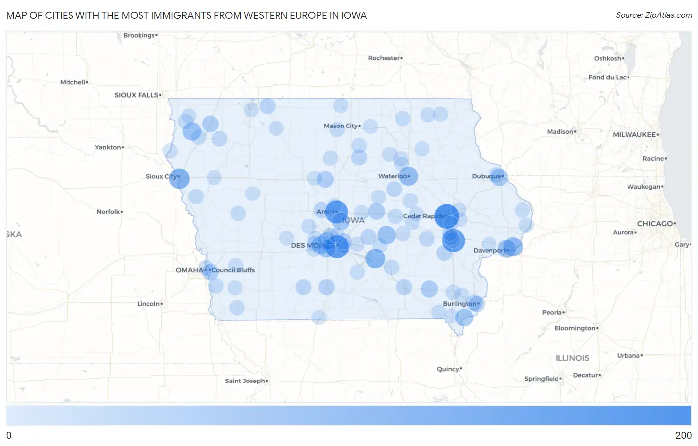 Cities with the Most Immigrants from Western Europe in Iowa Map