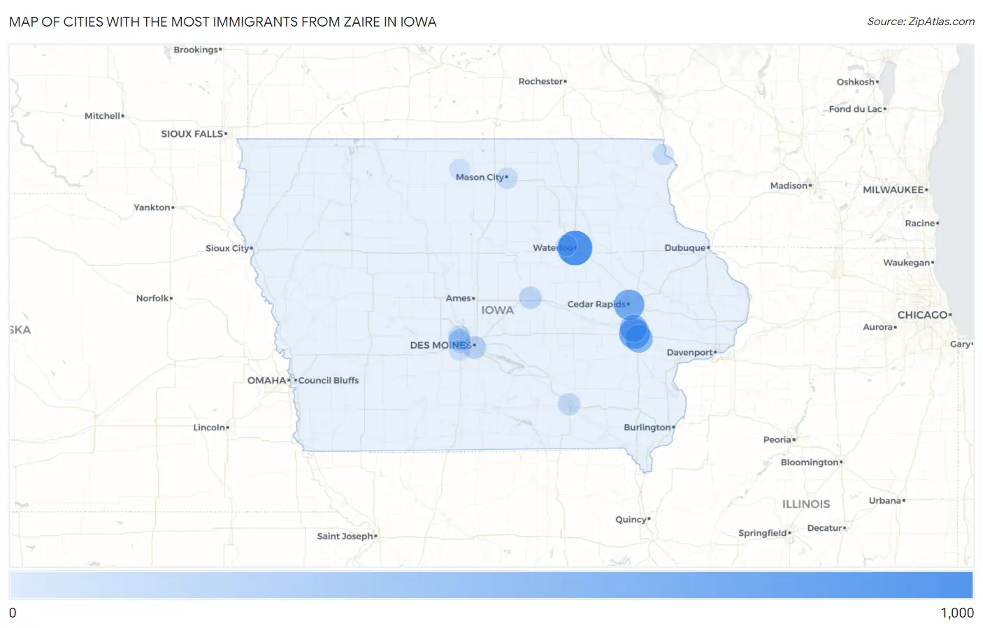 Cities with the Most Immigrants from Zaire in Iowa Map