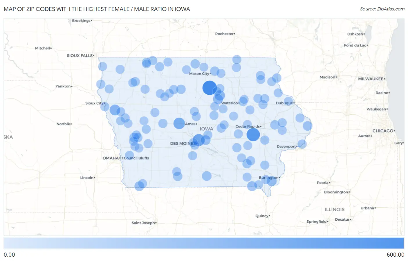 Zip Codes with the Highest Female / Male Ratio in Iowa Map
