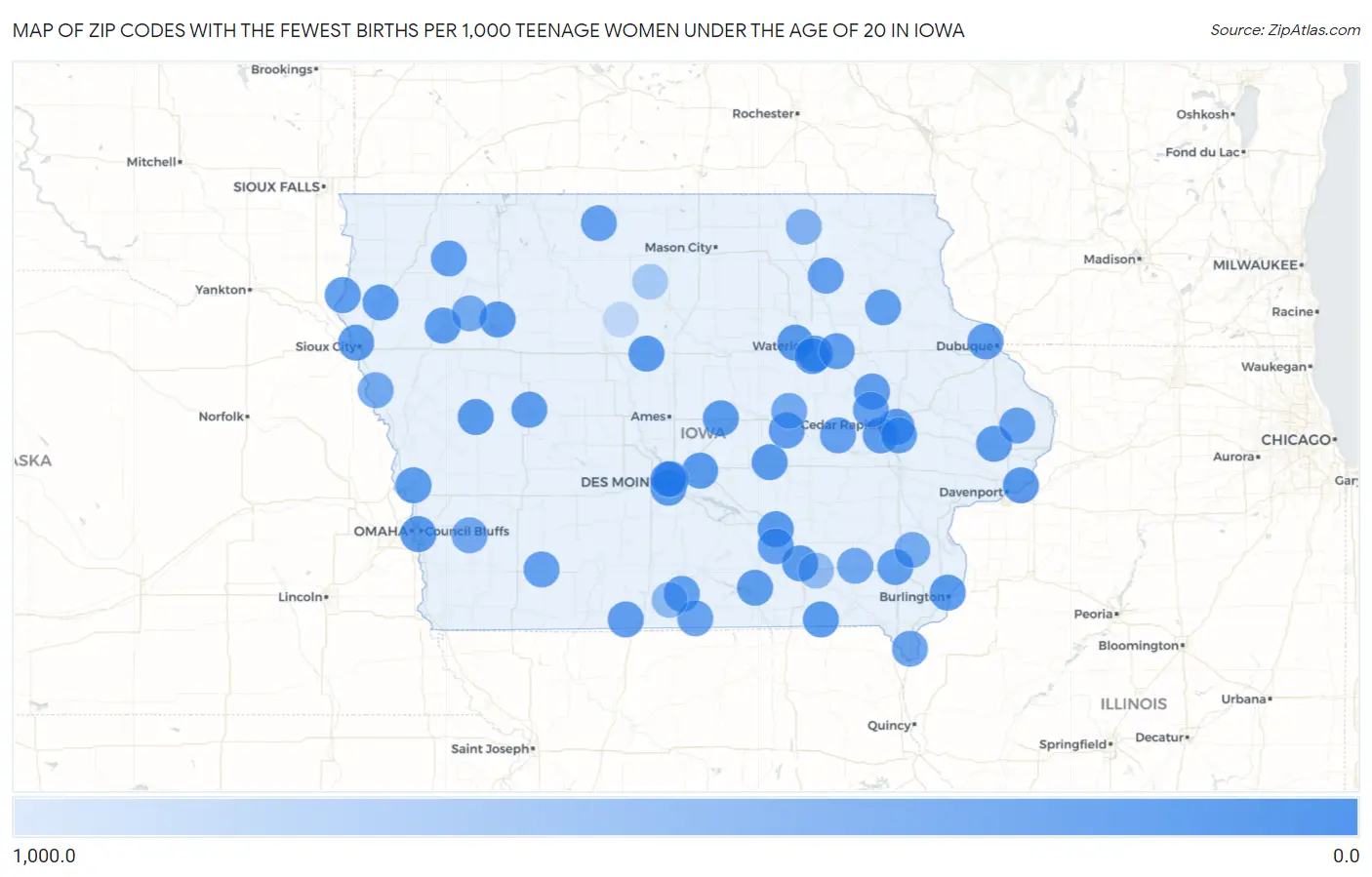 Zip Codes with the Fewest Births per 1,000 Teenage Women Under the Age of 20 in Iowa Map