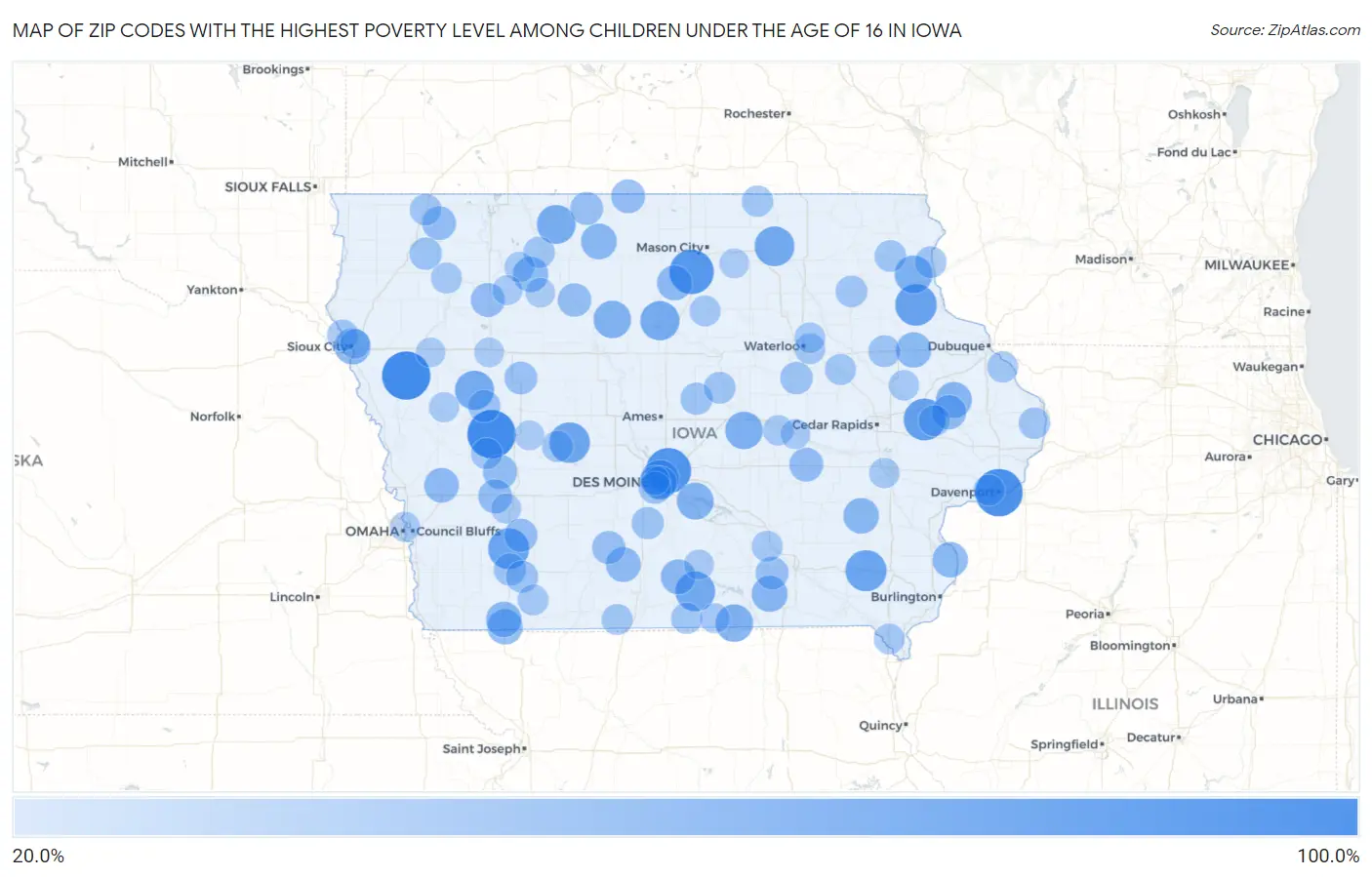 Zip Codes with the Highest Poverty Level Among Children Under the Age of 16 in Iowa Map