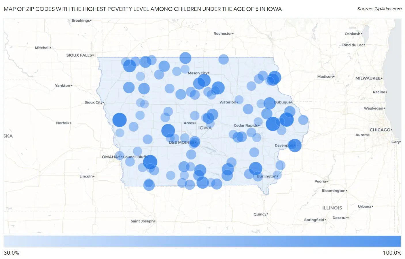 Zip Codes with the Highest Poverty Level Among Children Under the Age of 5 in Iowa Map