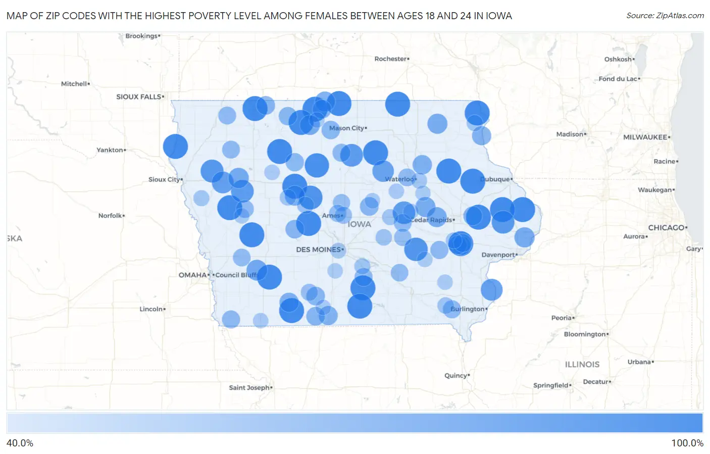 Zip Codes with the Highest Poverty Level Among Females Between Ages 18 and 24 in Iowa Map