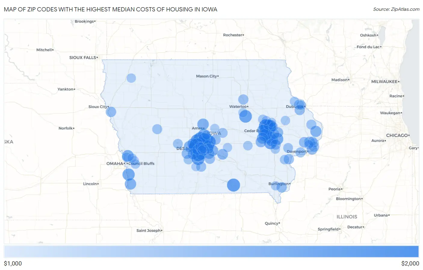 Zip Codes with the Highest Median Costs of Housing in Iowa Map