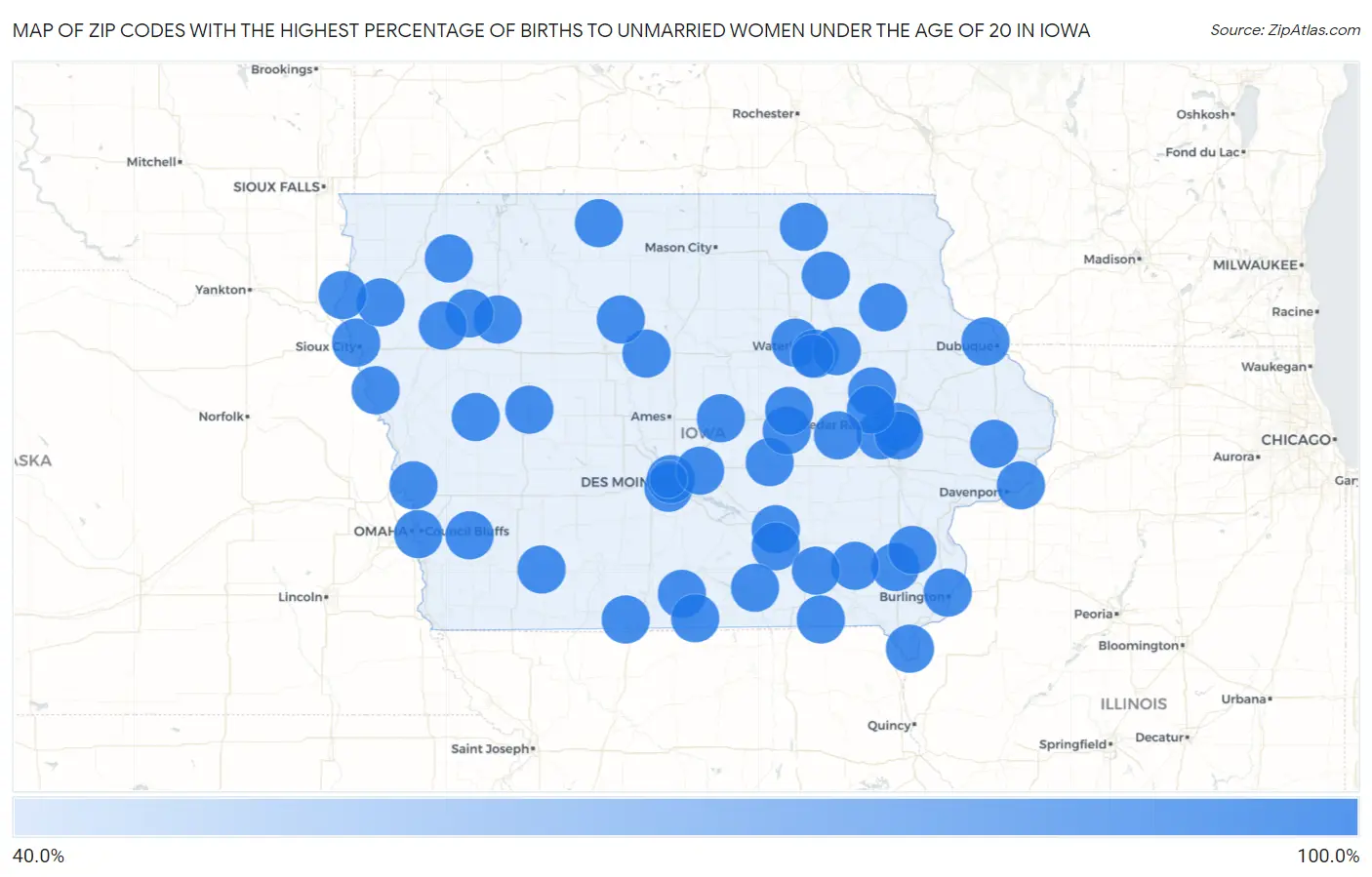 Zip Codes with the Highest Percentage of Births to Unmarried Women under the Age of 20 in Iowa Map
