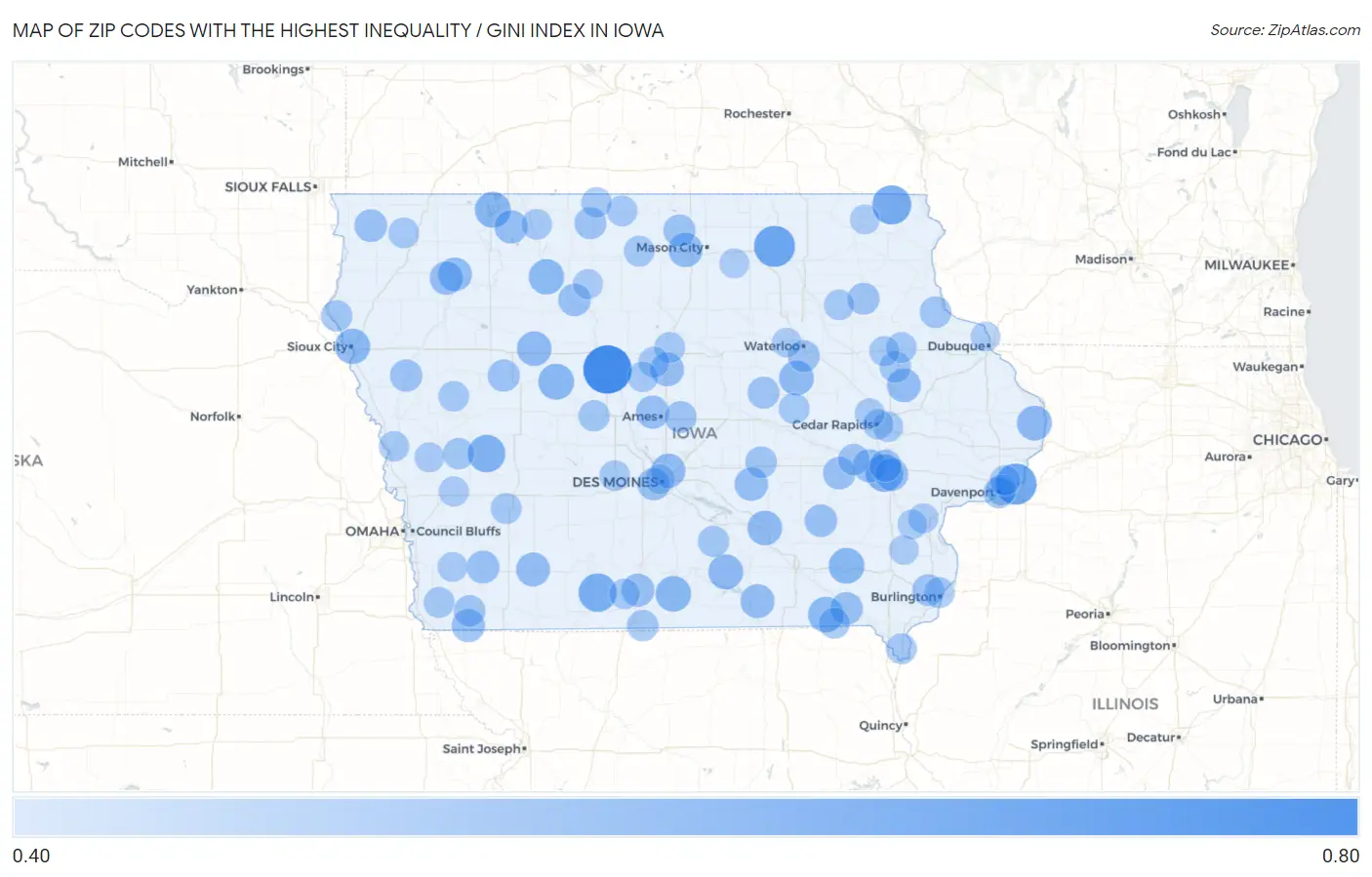 Zip Codes with the Highest Inequality / Gini Index in Iowa Map