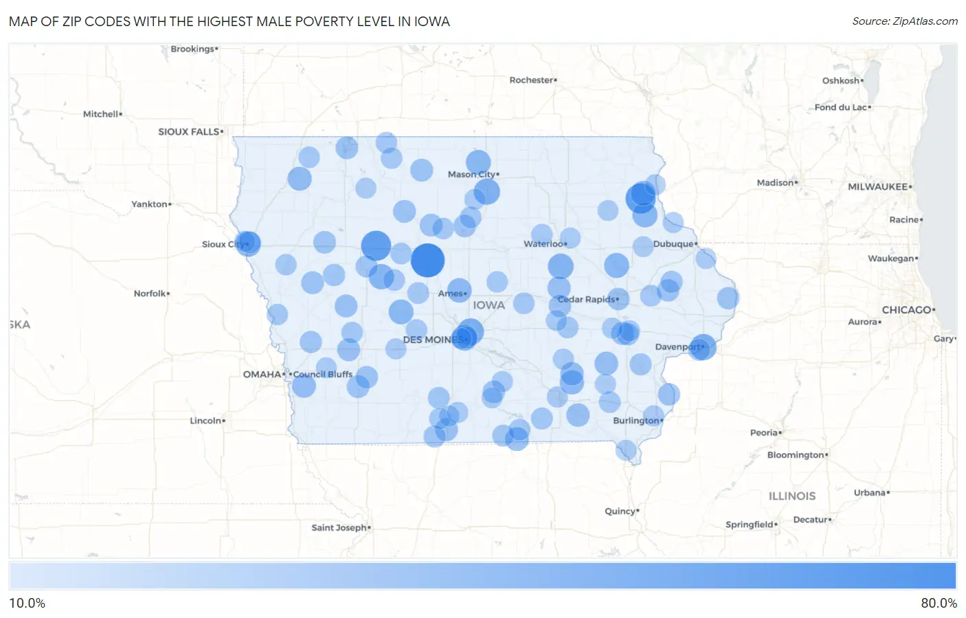 Zip Codes with the Highest Male Poverty Level in Iowa Map