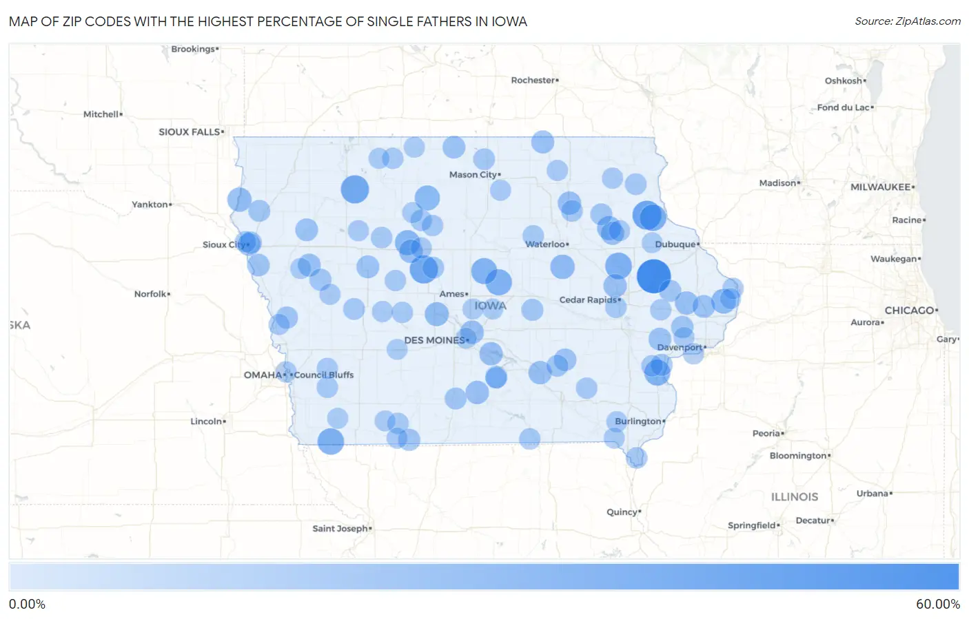 Zip Codes with the Highest Percentage of Single Fathers in Iowa Map