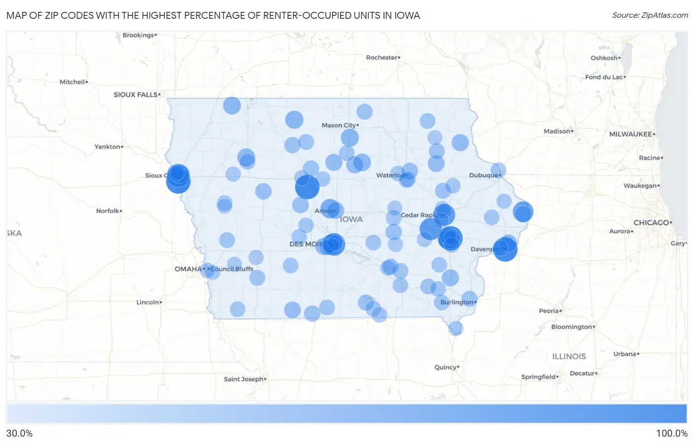 Zip Codes with the Highest Percentage of Renter-Occupied Units in Iowa Map