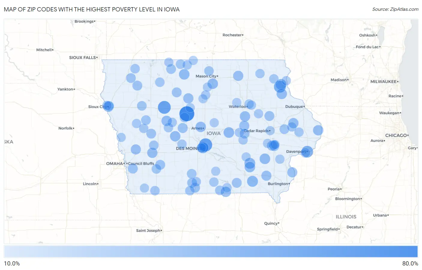 Zip Codes with the Highest Poverty Level in Iowa Map