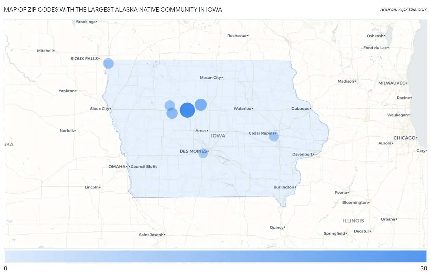 Zip Codes with the Largest Alaska Native Community in Iowa Map