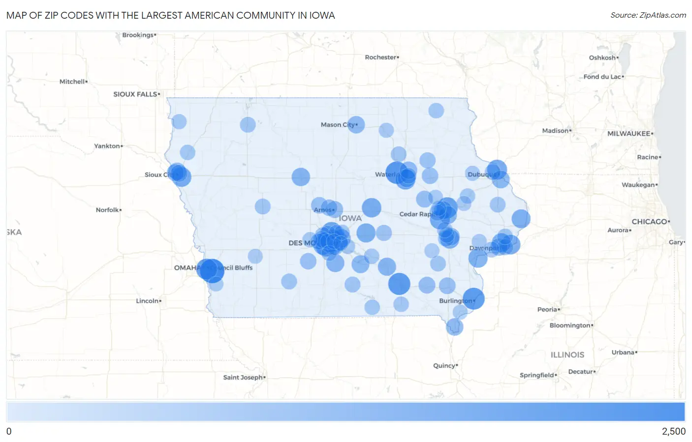 Zip Codes with the Largest American Community in Iowa Map