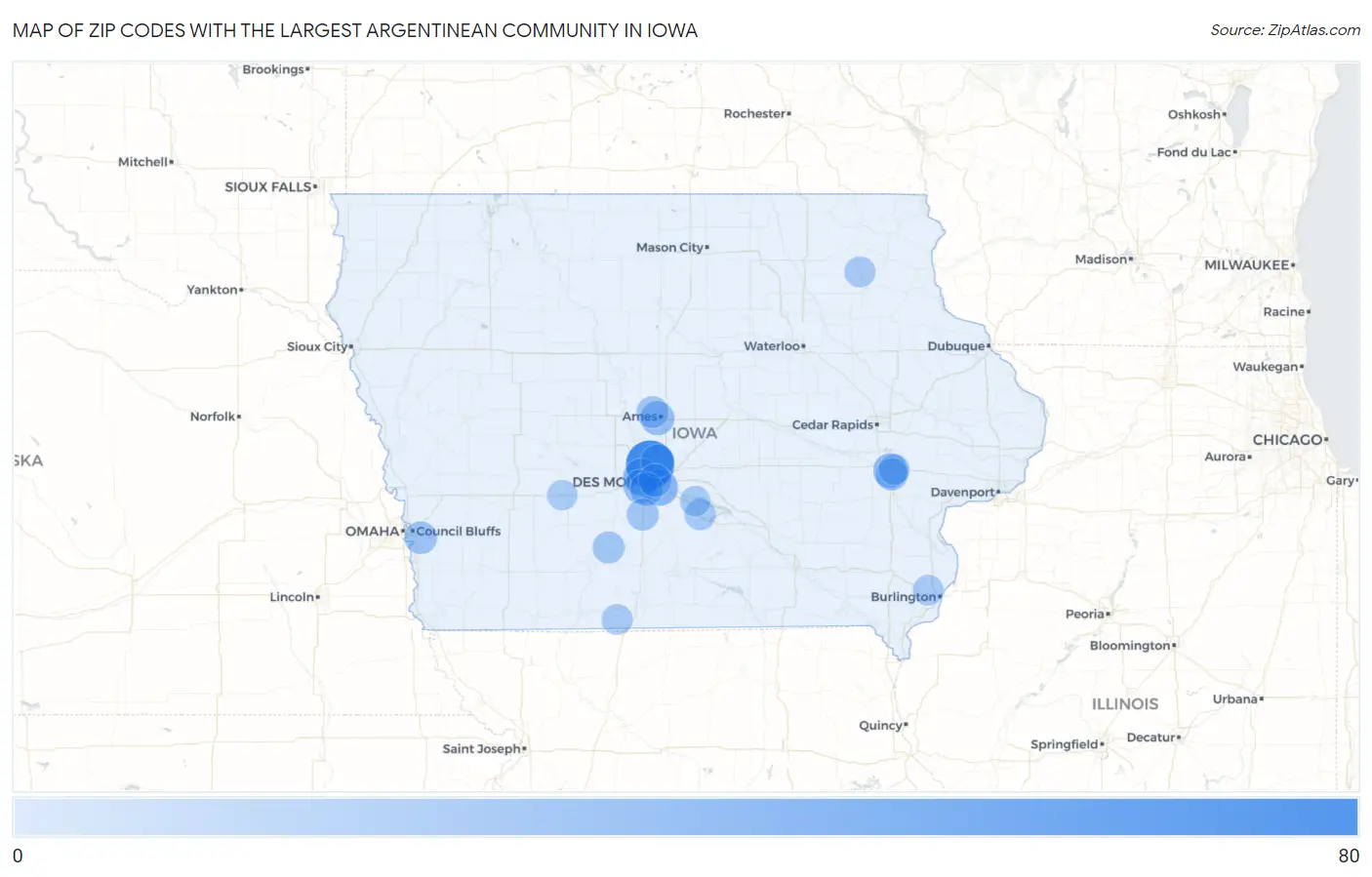 Zip Codes with the Largest Argentinean Community in Iowa Map