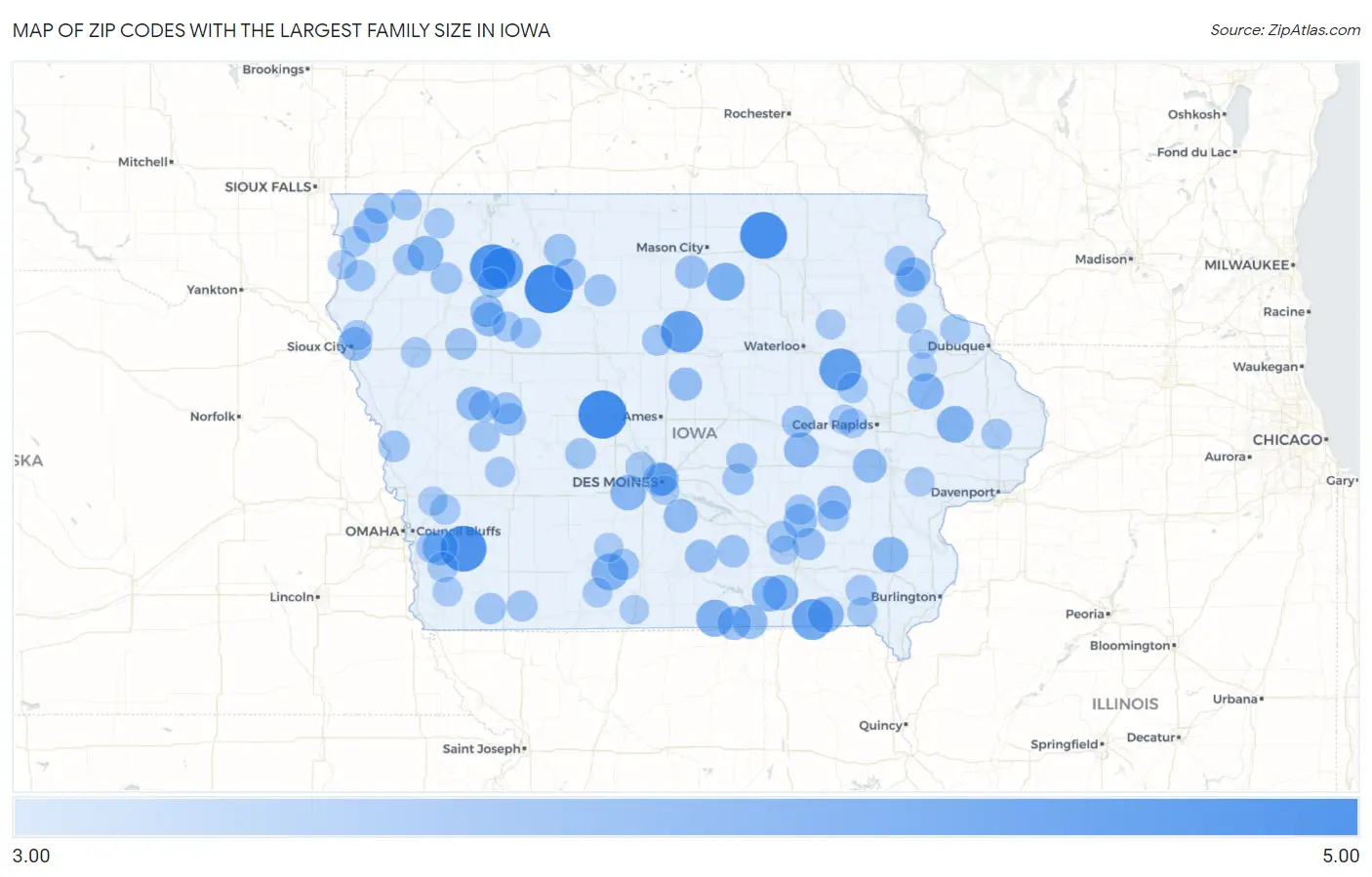 Zip Codes with the Largest Family Size in Iowa Map