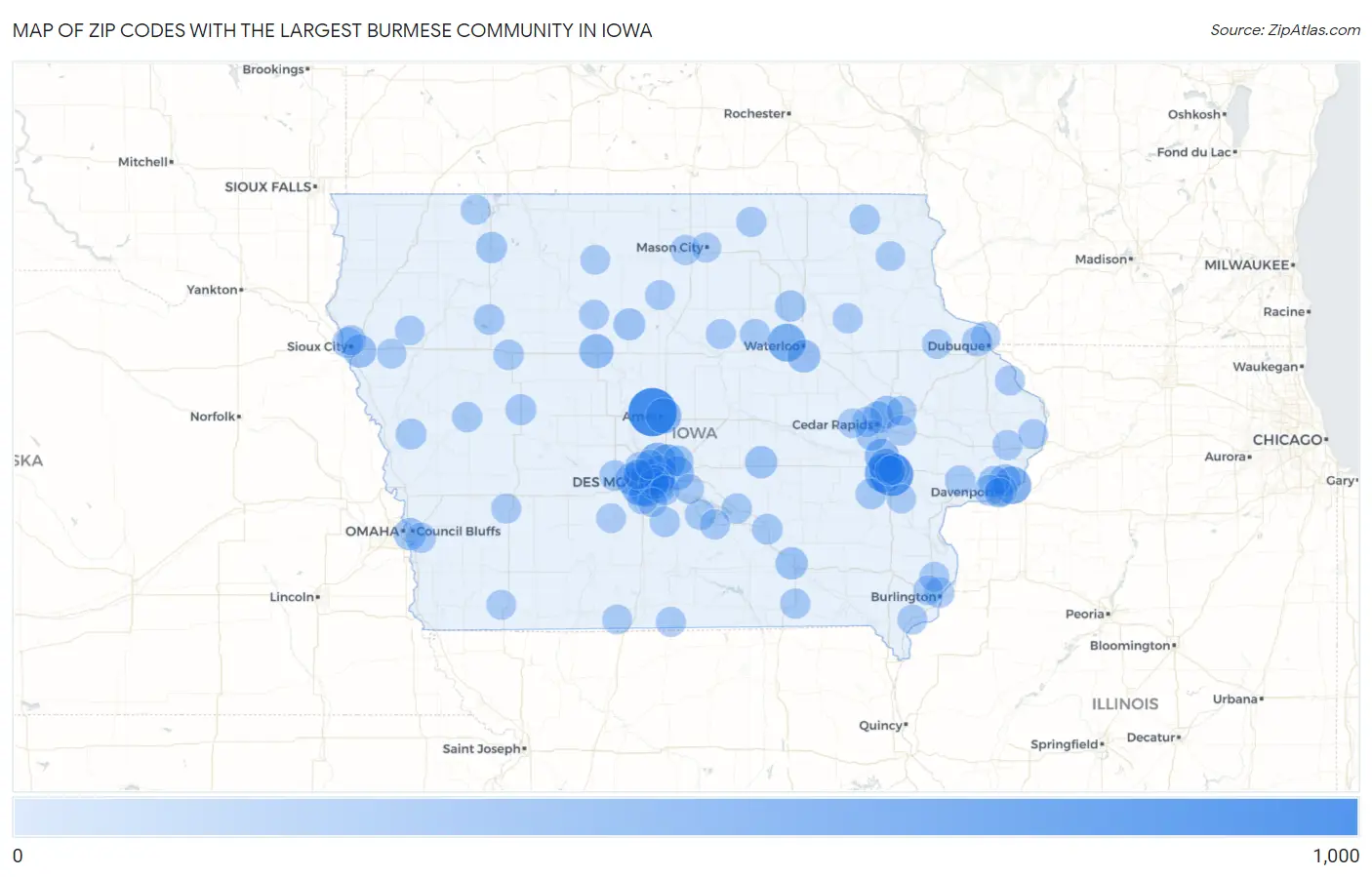 Zip Codes with the Largest Burmese Community in Iowa Map