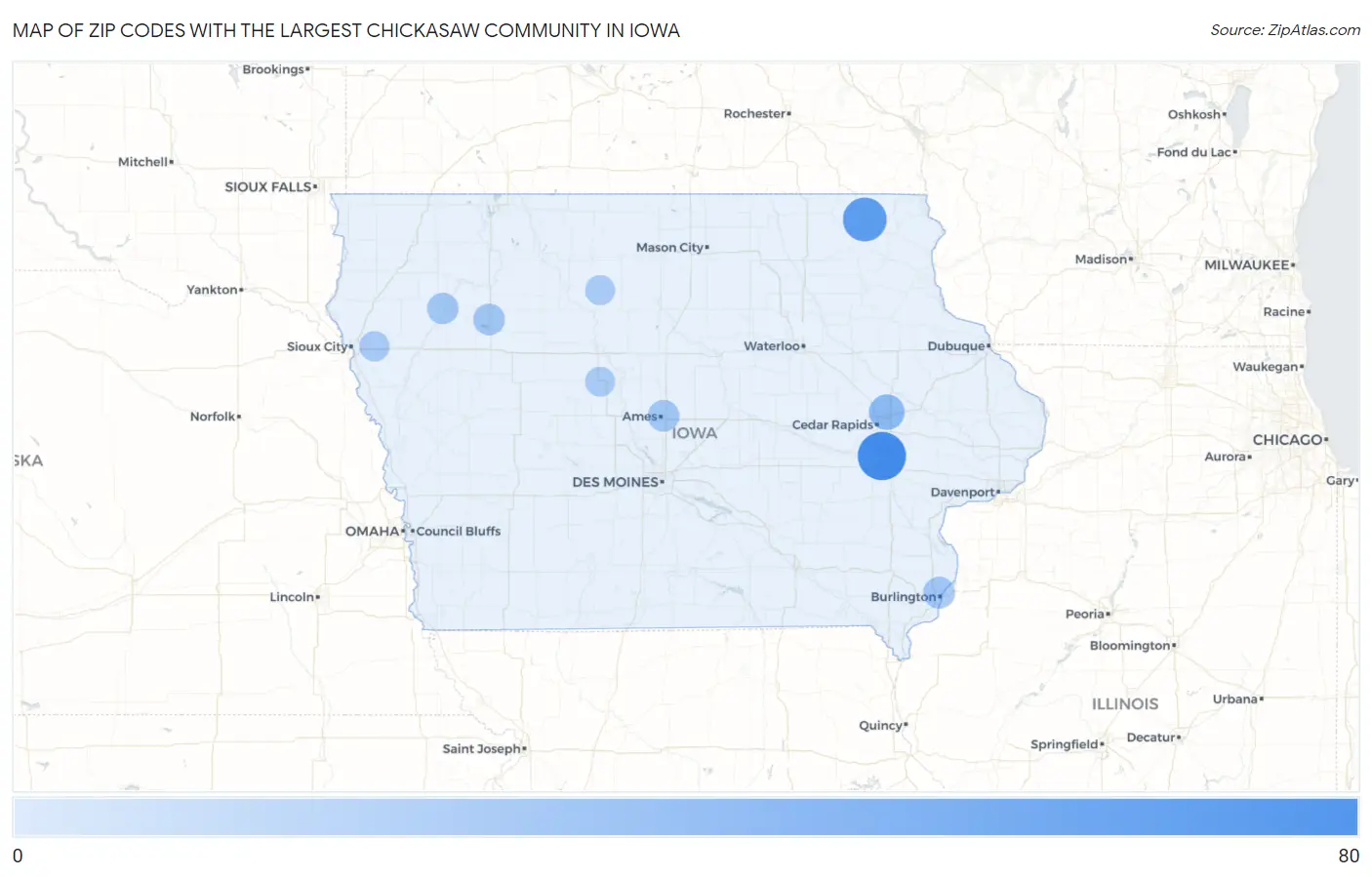 Zip Codes with the Largest Chickasaw Community in Iowa Map