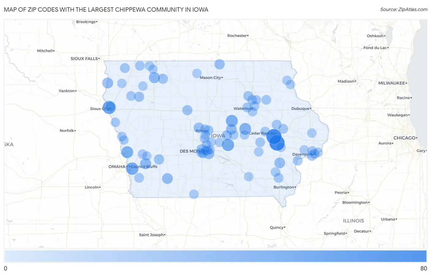 Zip Codes with the Largest Chippewa Community in Iowa Map