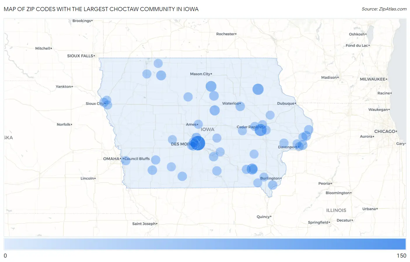 Zip Codes with the Largest Choctaw Community in Iowa Map