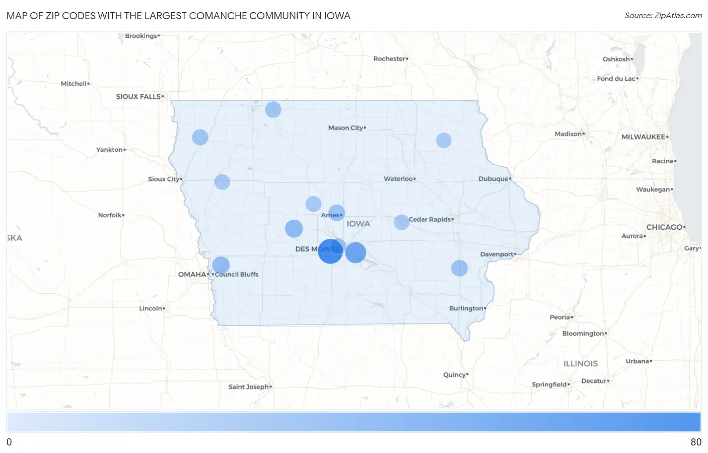 Zip Codes with the Largest Comanche Community in Iowa Map