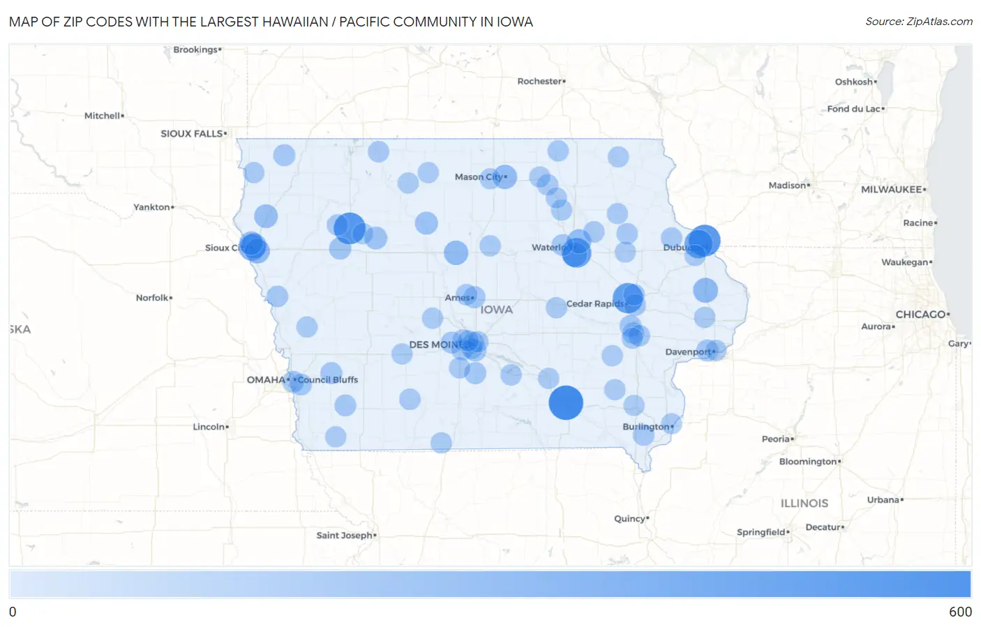 Zip Codes with the Largest Hawaiian / Pacific Community in Iowa Map