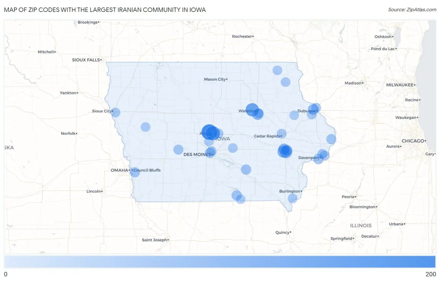 Zip Codes with the Largest Iranian Community in Iowa Map