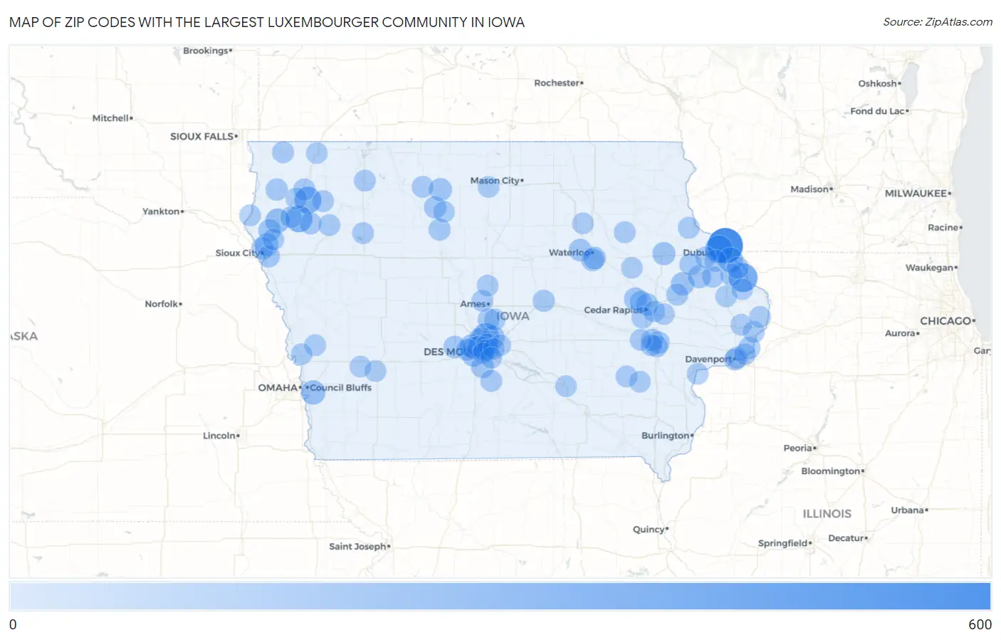 Zip Codes with the Largest Luxembourger Community in Iowa Map