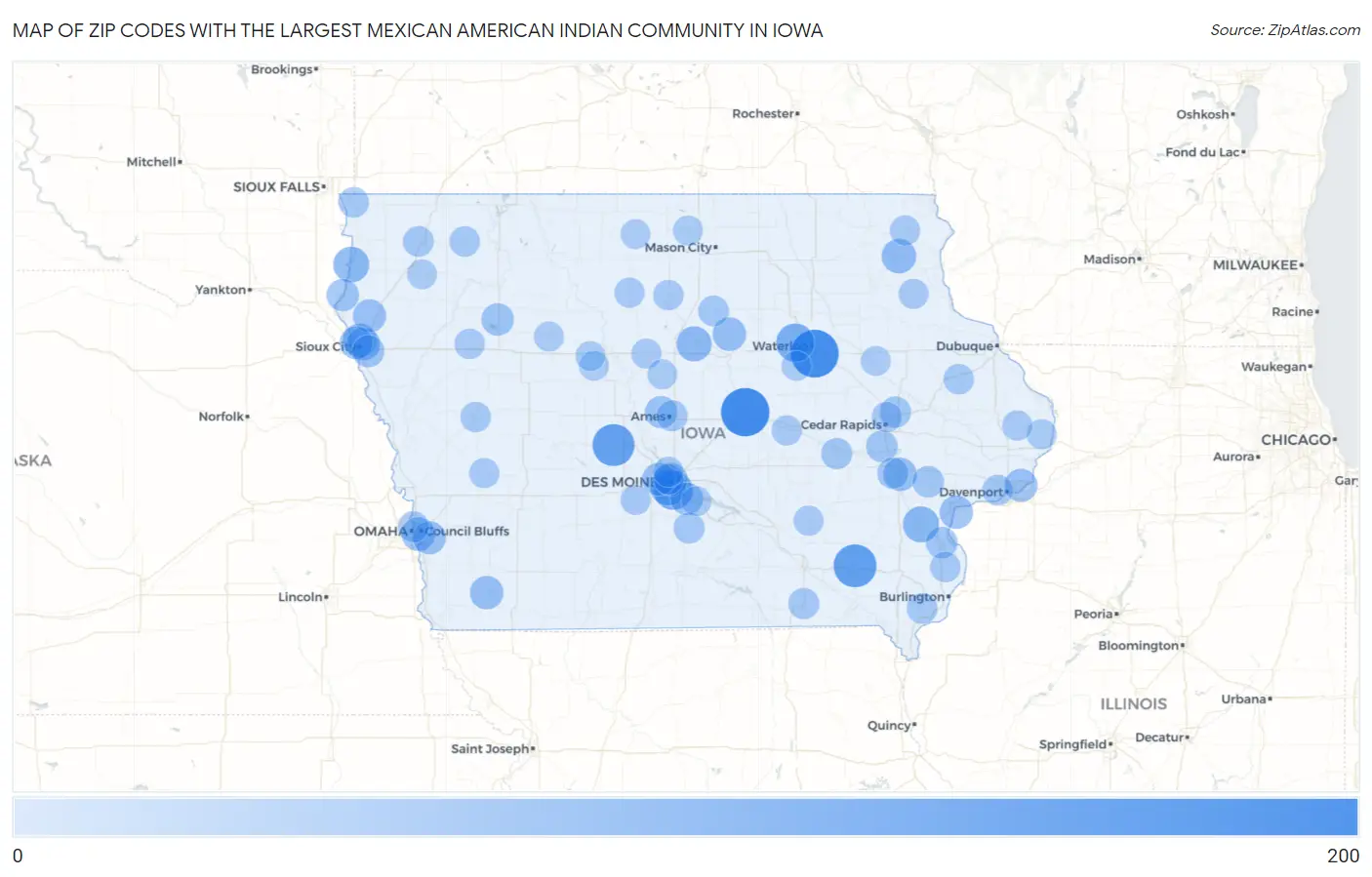Zip Codes with the Largest Mexican American Indian Community in Iowa Map