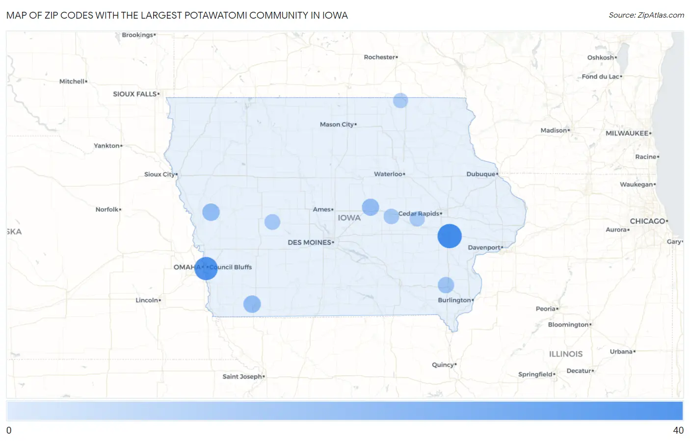 Zip Codes with the Largest Potawatomi Community in Iowa Map